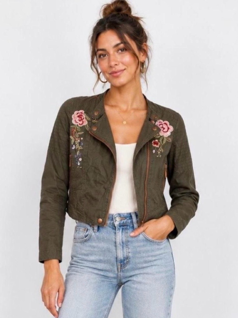Jou Jou Olive Embroidered Cropped Utility Jacket with Pink Floral Accents